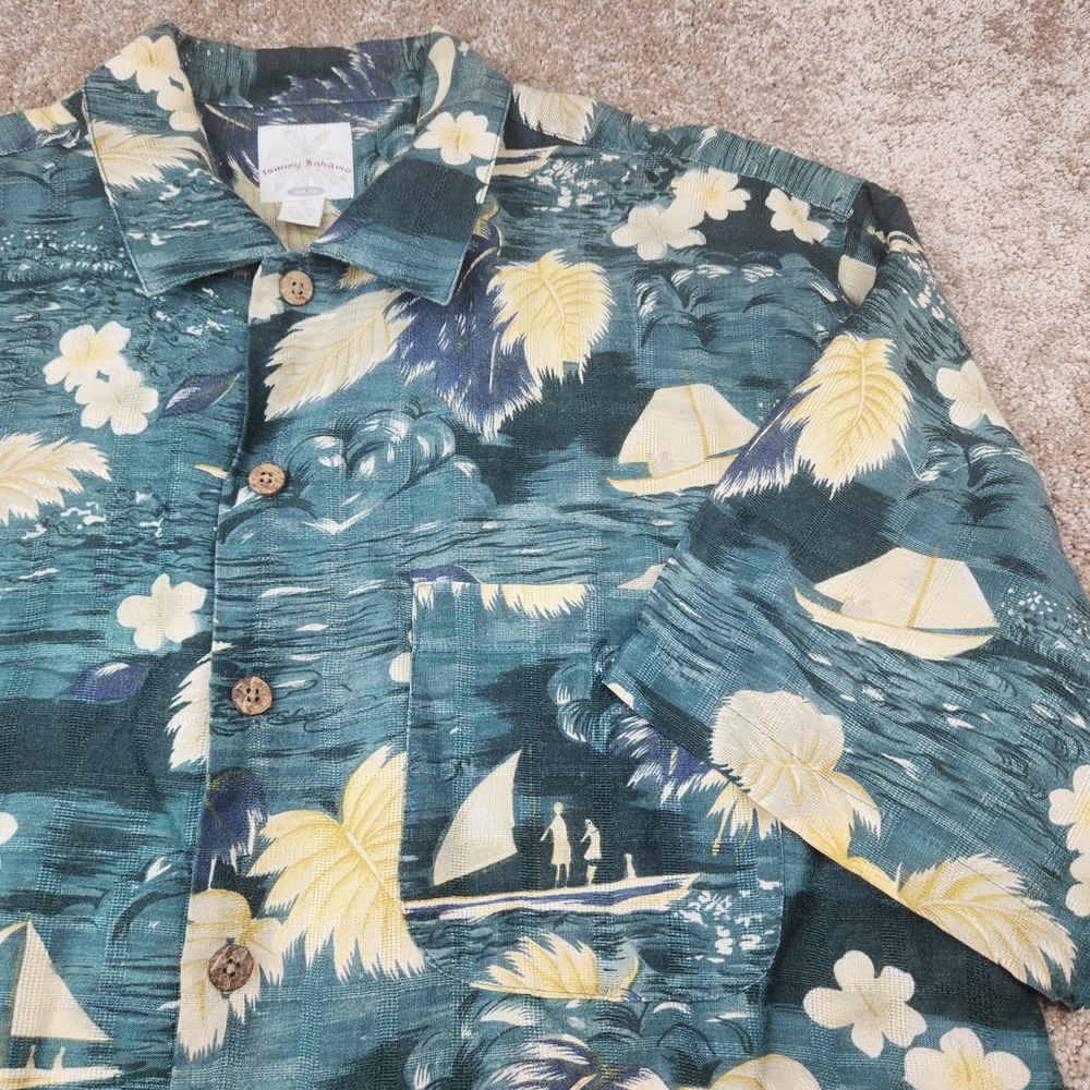 Tommy Bahama Relax Mens Medium Linen Silk Tropical Sailboat Camp Shirt Teal
